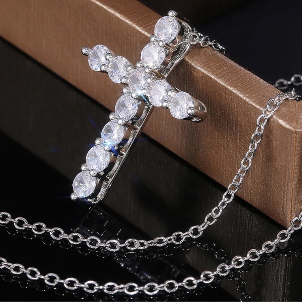Solid 925 Stamped Sterling Silver Diamond Cross Necklace